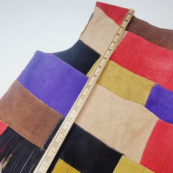 Vintage Suede Color Block Fringed Vest Art Colorful Festival Wear M - Picture 9 of 13